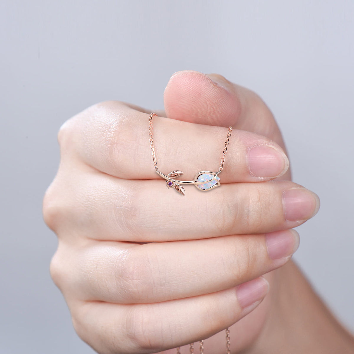 Dainty Opal Tulip Necklace, Nature Inspired Rose Gold Flower Leaf Vine Amethyst Pendant