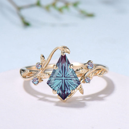 Willow Kite Cut Starburst Alexandrite Engagement Ring Set | Leaf Vine Nature Inspired Bridal Set