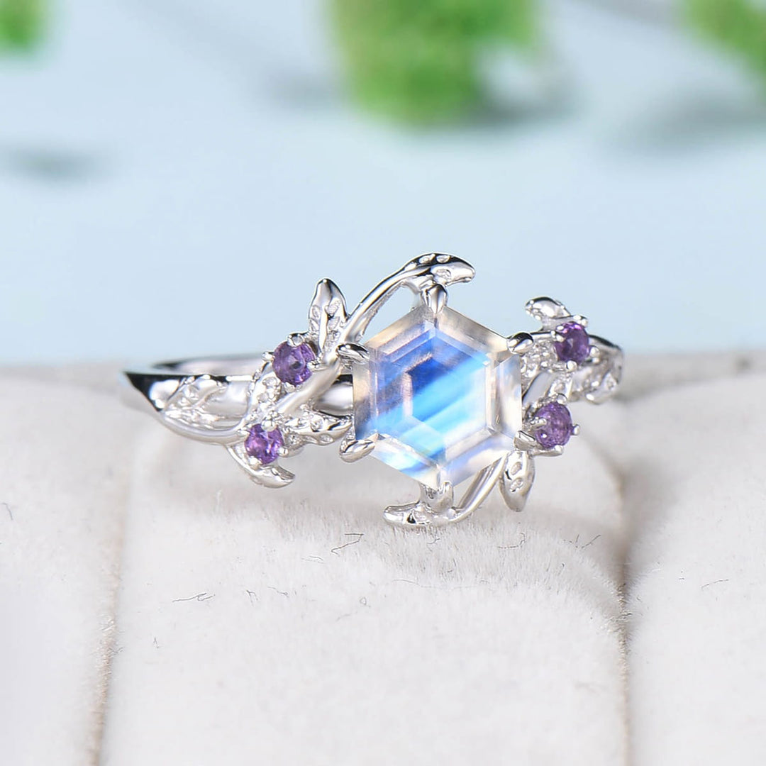 Elegant Moonstone Ring Vintage Unique Twig Engagement Ring Leaf Cluster Amethyst Wedding Women Rainbow Blue Nature inspired Branch Ring - PENFINE