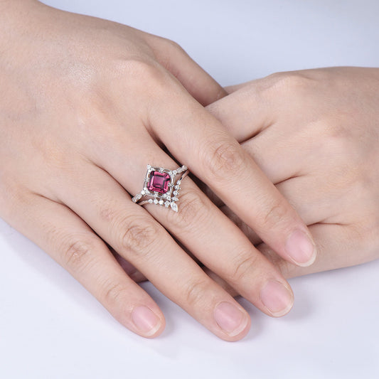 Art Deco 2CT Asscher Cut Natural Pink Tourmaline Ring Set Moissanite Curved Band