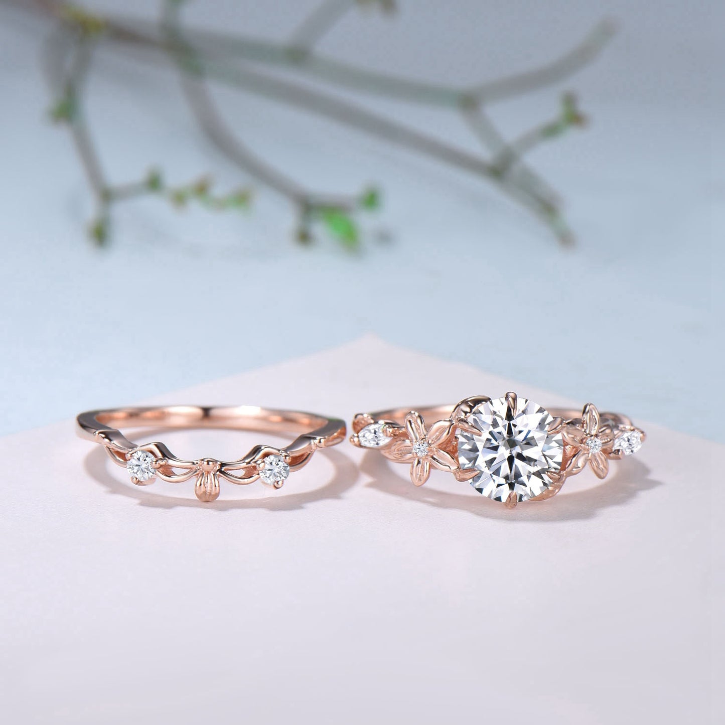 Unique 1 Carat Round Brilliant Lab Grown Diamond Ring Flower Moissanite Engagement Ring Rose Gold Bridal Nature Inspired Wedding Bridal Set - PENFINE