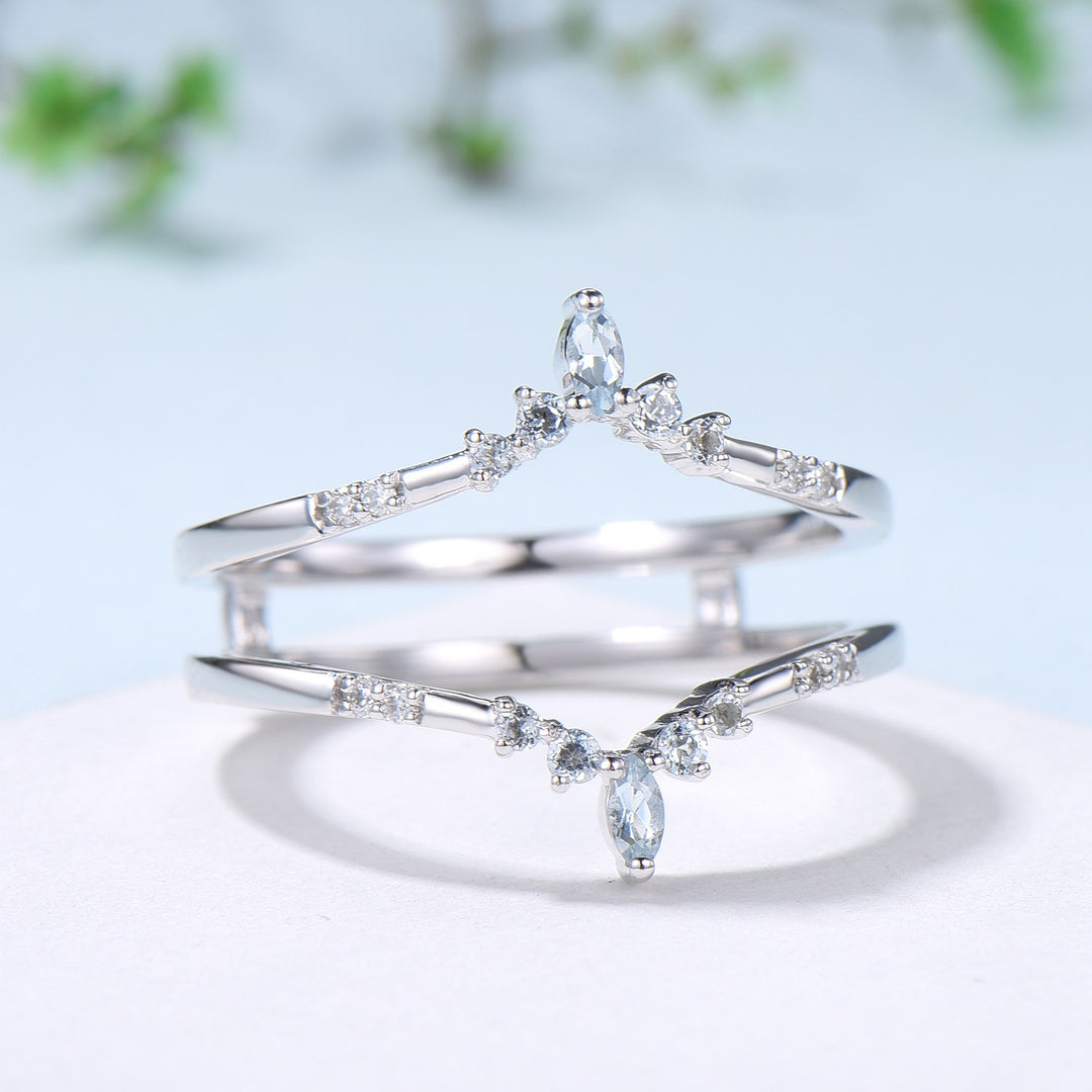 Double Curved Aquamarine Wedding Band Sterling Silver White Gold Enhancer Stacking Aquamarine Matching Nesting Band Jacket Anniversary Gifts - PENFINE