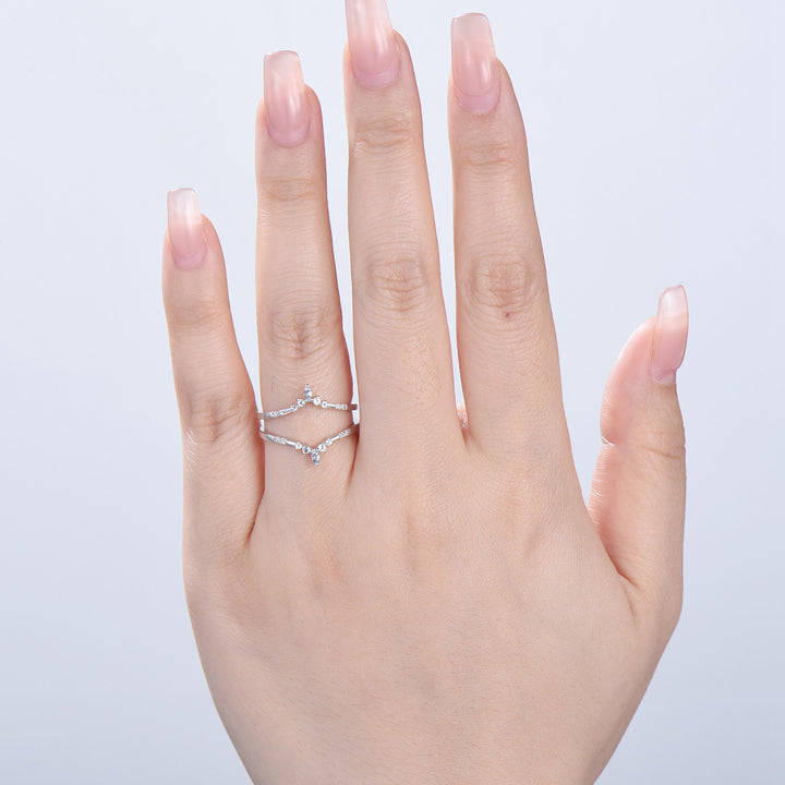 Double Curved Aquamarine Wedding Band Sterling Silver White Gold Enhancer Stacking Aquamarine Matching Nesting Band Jacket Anniversary Gifts - PENFINE