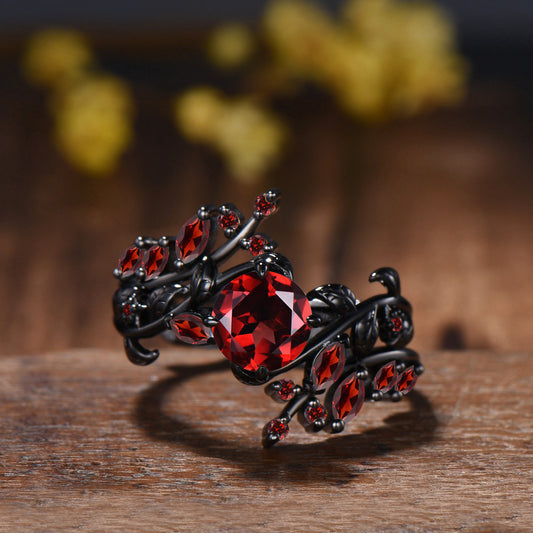 Gothic Garnet Engagement Ring, Black Gold Twig Branch, Marquise Cluster Wedding Band
