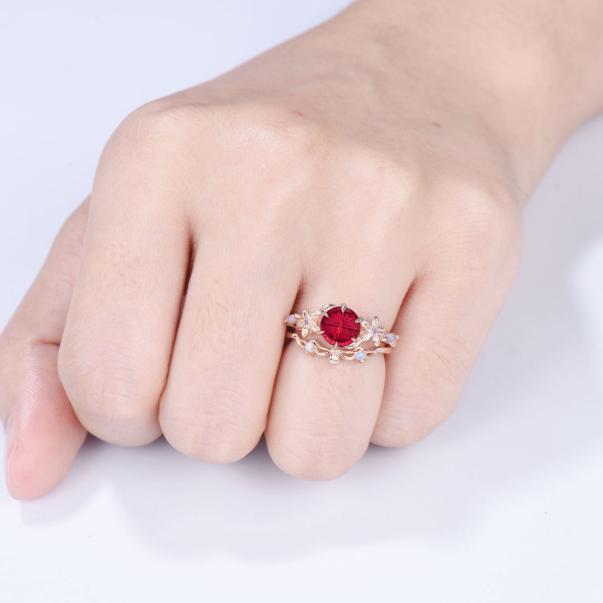 Unique Round Shaped Fantasy Cut Ruby Flower Inspired Wedding Ring Set Opal Matching Band