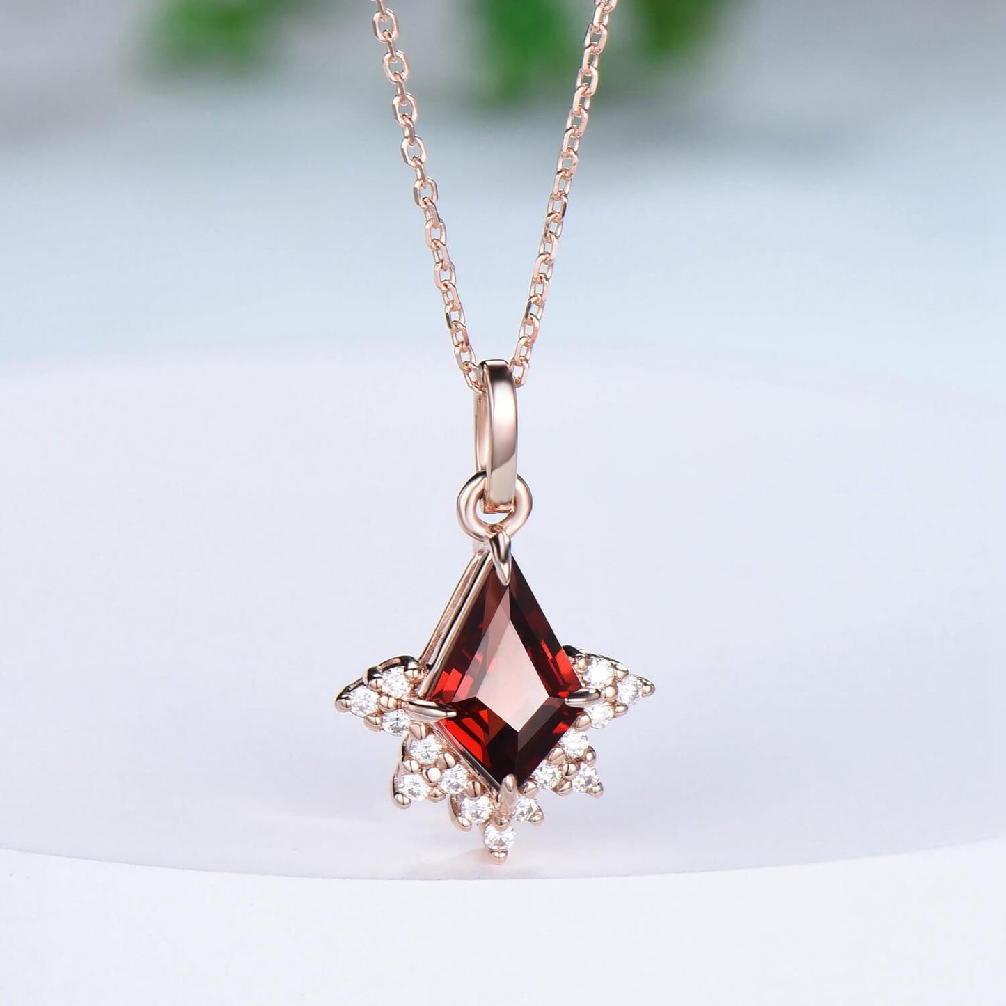 Art Deco Kite Cut Garnet Pendant Necklace Vintage Garnet Diamond Pendant 14k/18k rose gold moissanite promise engagement gift for women - PENFINE