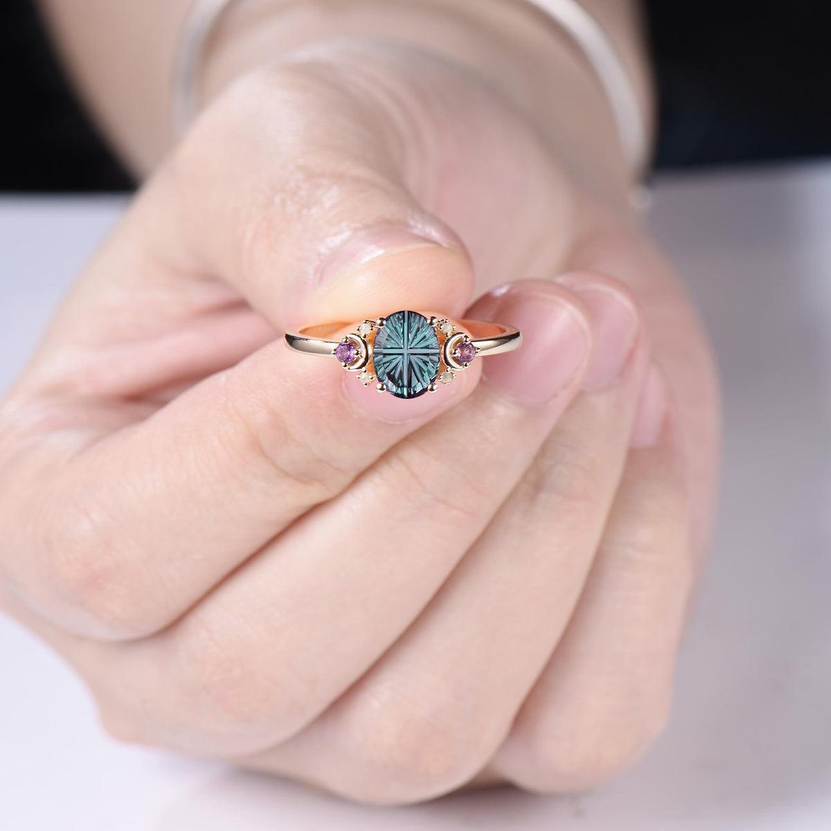 Unique Fantasy Cut Color-change Alexandrite 7 Stone Engagement Ring,Amethyst Opal Accent Moon Ring