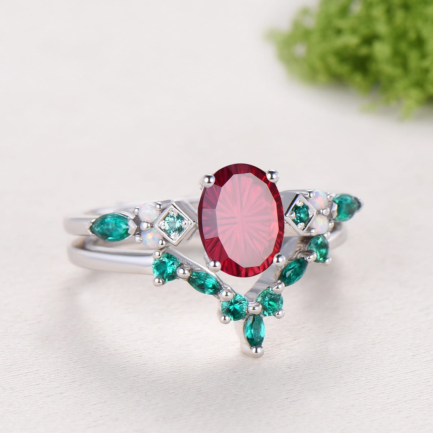 Unique Oval Starburst Ruby Engagement Ring Set , Art Deco Emerald/Turquoise Matching Band 14K White Gold Opal Emerald Wedding Bridal Set