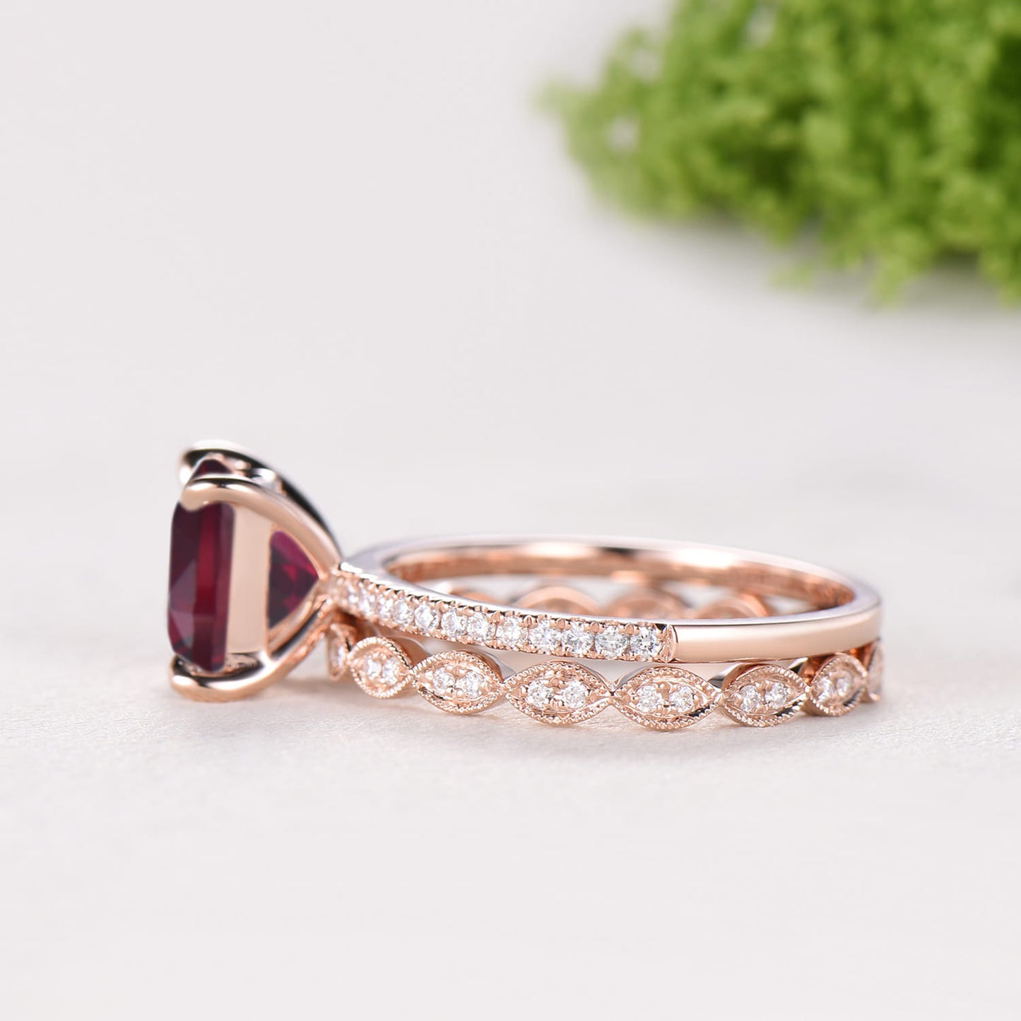 Vintage Princess Cut Natural Garnet Engagement Ring Set, 14K Rose Gold Pave Band Wedding Ring Set, Art Deco Diamond Marquise Stacking Ring