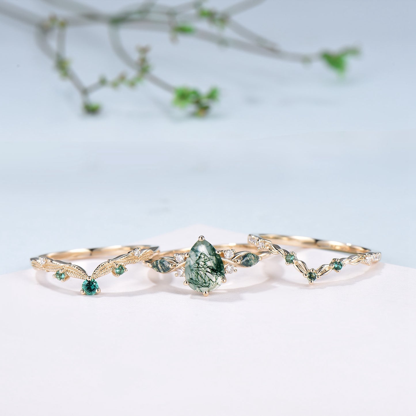 3pcs 10K Yellow Gold Moss Agate Ring Set Pear Shaped Natural Green Agate Leaf Vine Engagement Ring Set