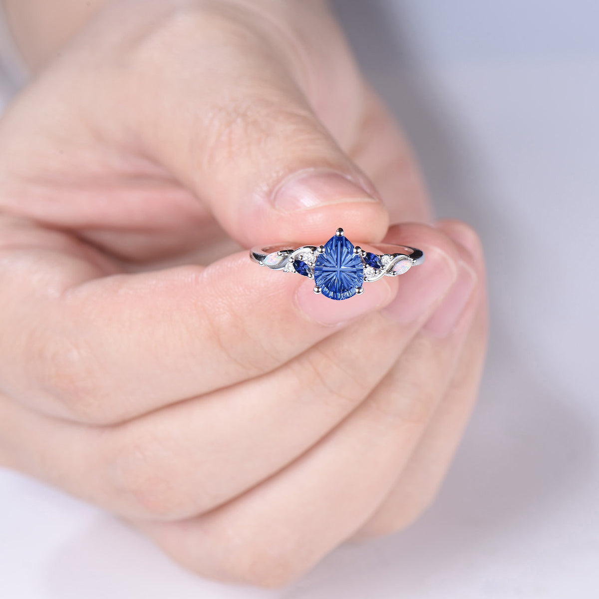 Teardrop Shaped Fantasy Cut Sapphire Engagement Ring Moissanite Opal Cluster Ring