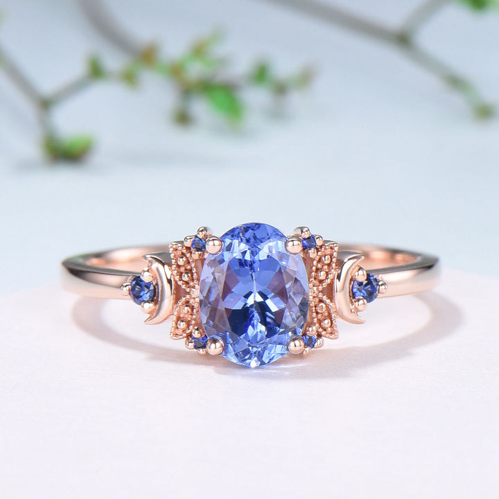 Unique Oval Natural Tanzanite Engagement Ring Cluster Sapphire Moon Wedding Ring Floral 14K Rose Gold Handmade Anniversary Proposal Gift - PENFINE