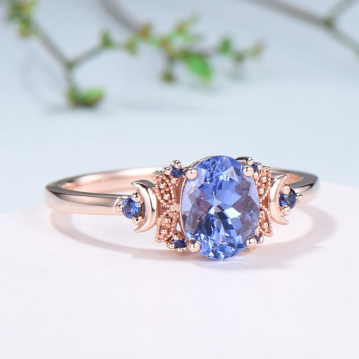 Unique Oval Natural Tanzanite Engagement Ring Cluster Sapphire Moon Wedding Ring Floral 14K Rose Gold Handmade Anniversary Proposal Gift - PENFINE