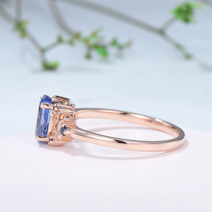 Unique Oval Natural Tanzanite Engagement Ring Cluster Sapphire Moon Wedding Ring Floral 14K Rose Gold Handmade Anniversary Proposal Gift - PENFINE