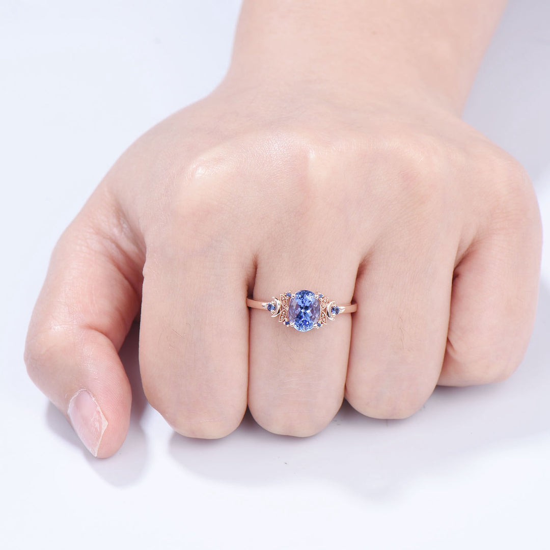 Unique Oval Natural Tanzanite Engagement Ring Cluster Sapphire Moon Wedding Ring Floral 14K Rose Gold Handmade Anniversary Proposal Gift - PENFINE