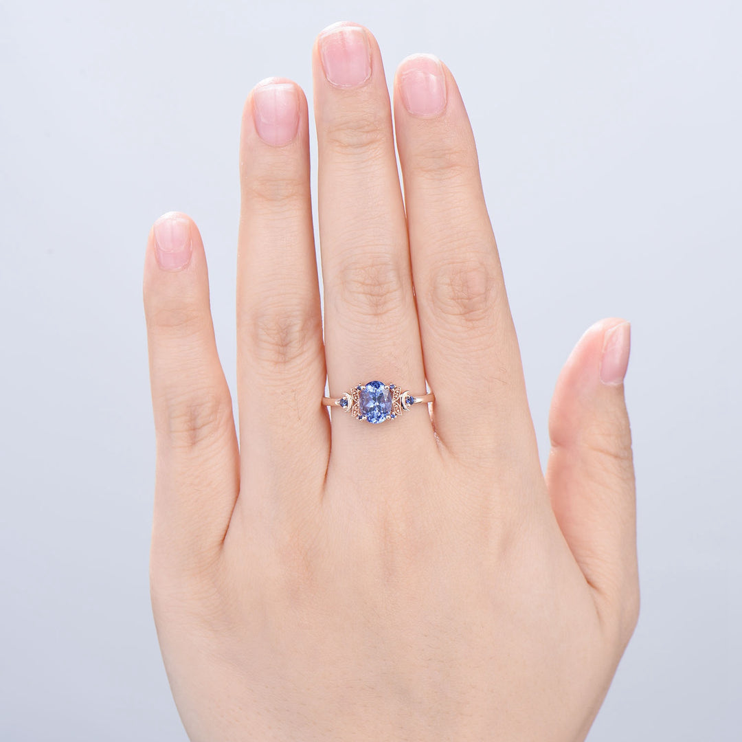 Unique Oval Natural Tanzanite Engagement Ring Cluster Sapphire Moon Wedding Ring Floral 14K Rose Gold Handmade Anniversary Proposal Gift - PENFINE