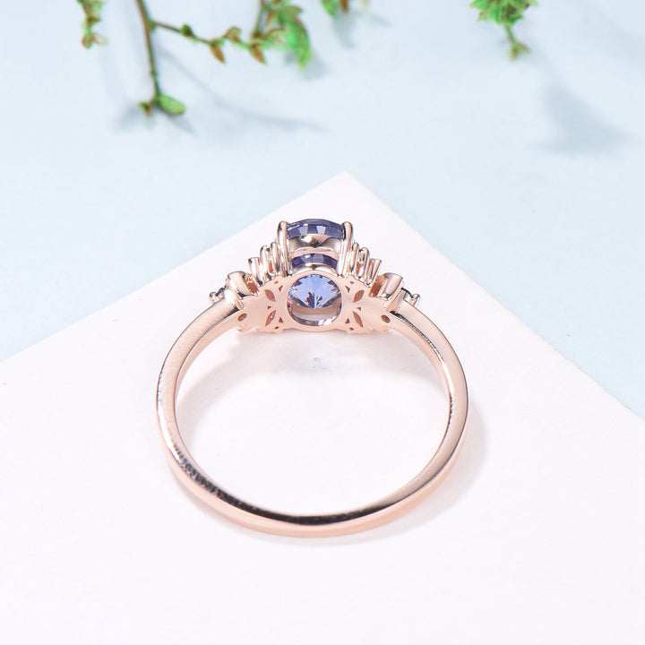 Unique Oval Natural Tanzanite Engagement Ring Cluster Sapphire Moon Wedding Ring Floral 14K Rose Gold Handmade Anniversary Proposal Gift - PENFINE