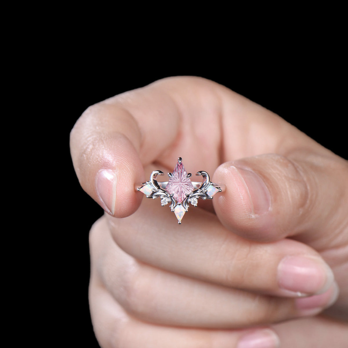 Art Deco Fantasy Cut Kite Shaped Padparadscha Sapphire Engagement Ring,White Opal Accent Ring