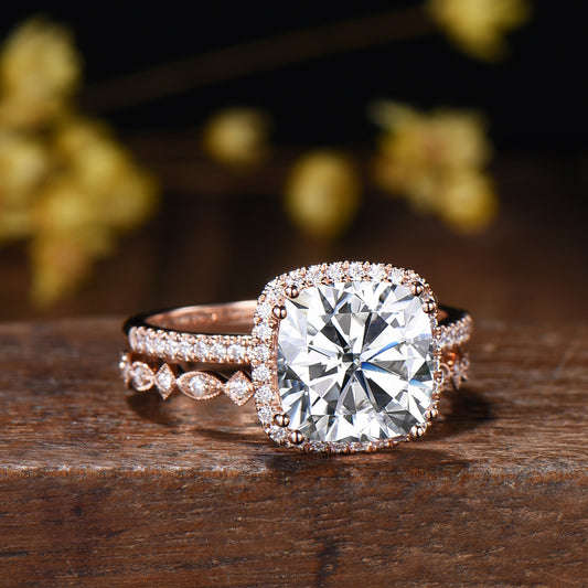 3ct Cushion Moissanite Engagement Ring Set, 14k Rose Gold Bridal Band