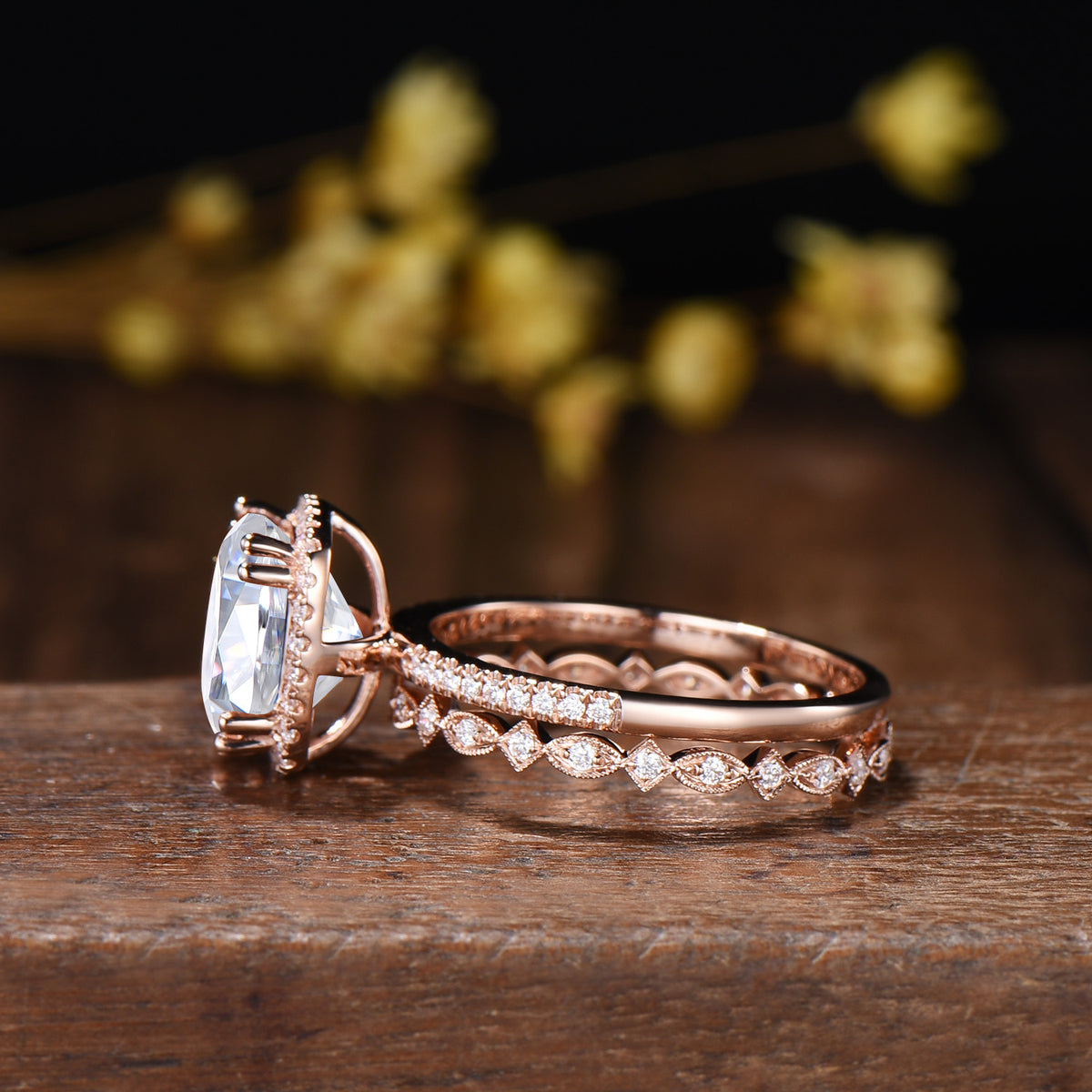 3ct Cushion Moissanite Engagement Ring Set, 14k Rose Gold Bridal Band