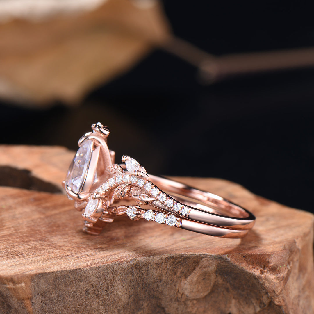Nature Inspired Moissanite Bridal Set Teardrop Cut Moissanite Snake Engagement Ring Diamond Leaf Wedding Band Anniversary Gifts For Women - PENFINE