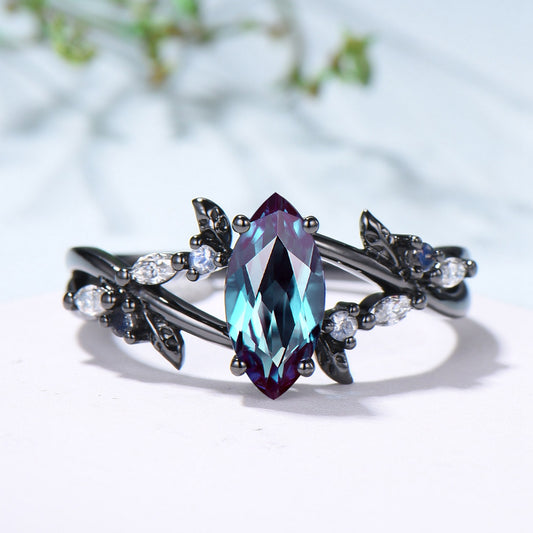 Unique Black Gold Alexandrite Ring Natural Inspired Gothic Marquise Cut Engagement Ring Leaves Cluster Moonstone Split Shank Wedding Ring - PENFINE