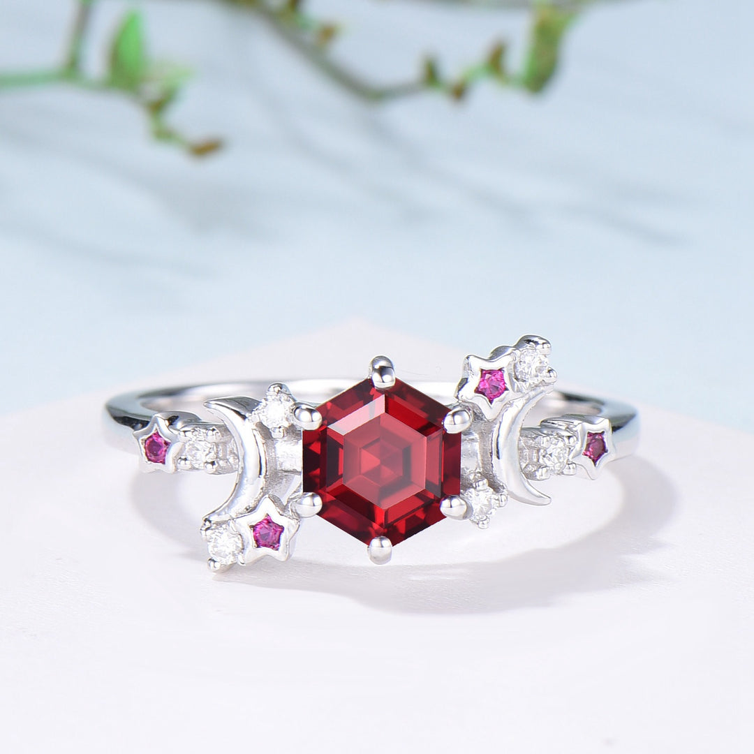 Galaxy Star ruby engagement ring crescent moon hexagon cut Lab ruby wedding ring Unique cluster star moon engagement ring anniversary gift - PENFINE