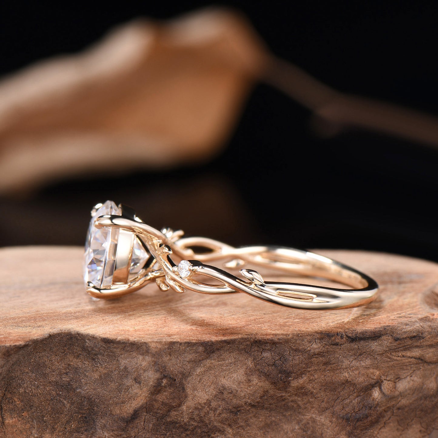 3ct Round Moissanite Engagement Ring 14K Yellow Gold Twig Promise Ring