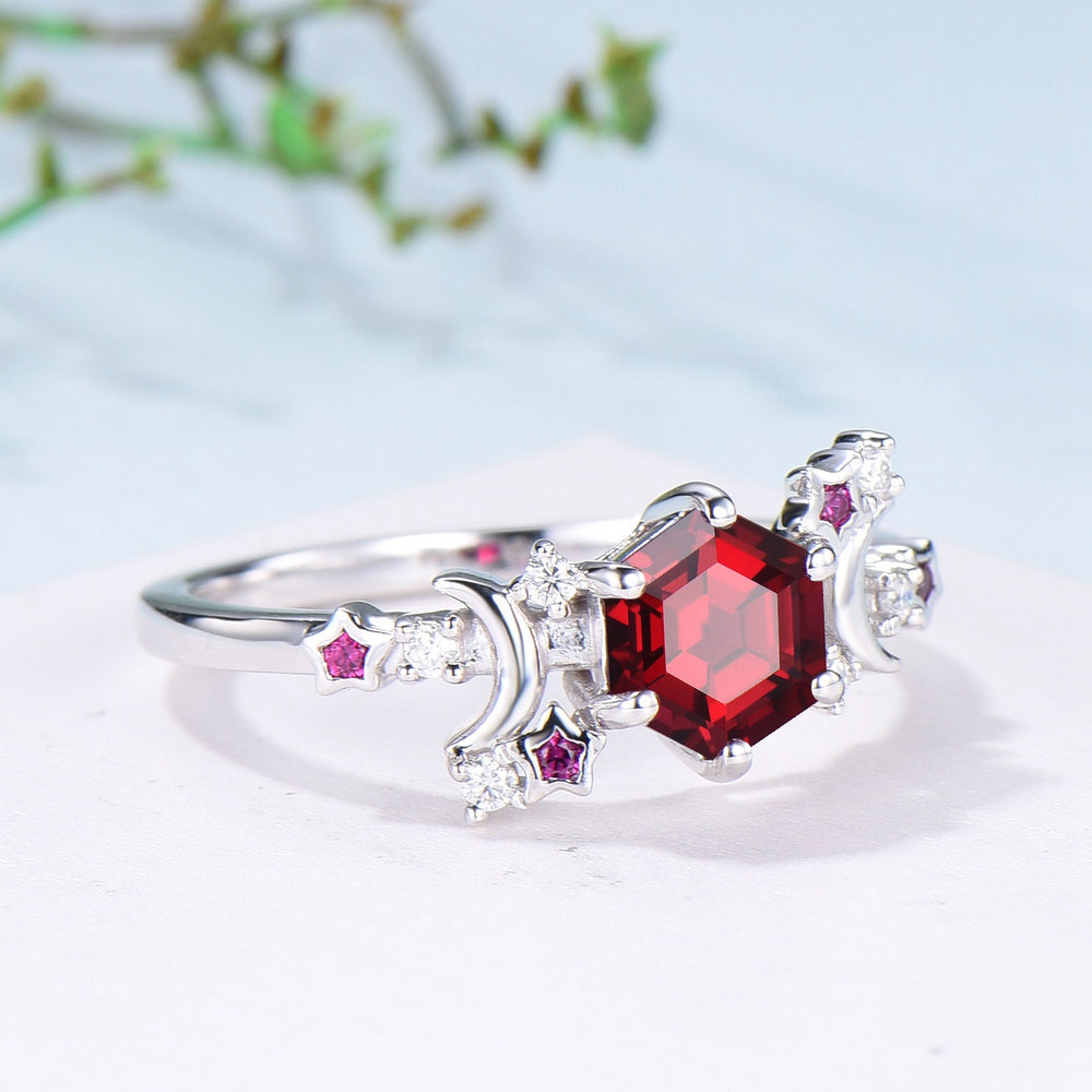Galaxy Star ruby engagement ring crescent moon hexagon cut Lab ruby wedding ring Unique cluster star moon engagement ring anniversary gift - PENFINE
