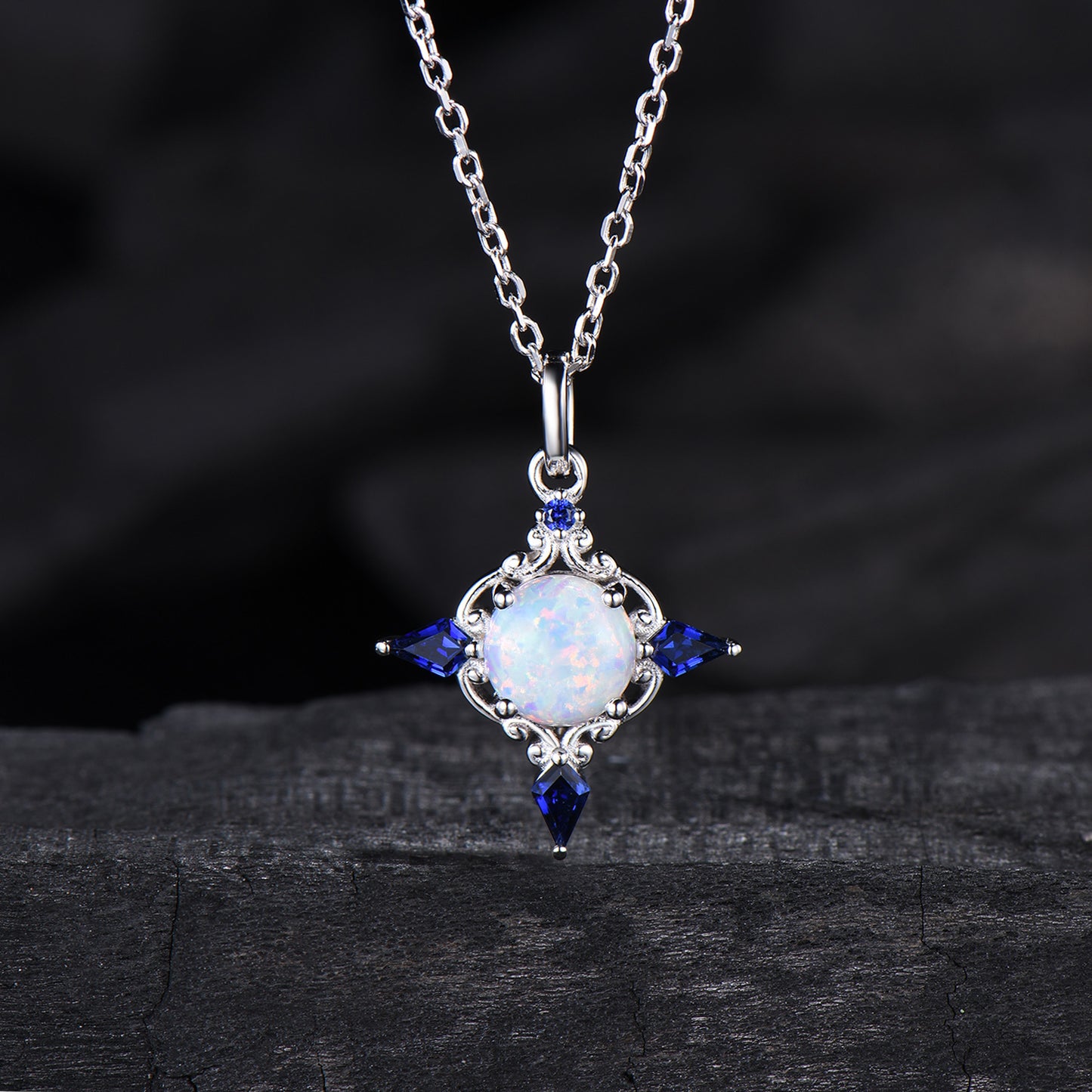 Celtic Knot Opal Pendant Necklace, 14K Rose Gold, Sapphire Accents - PENFINE