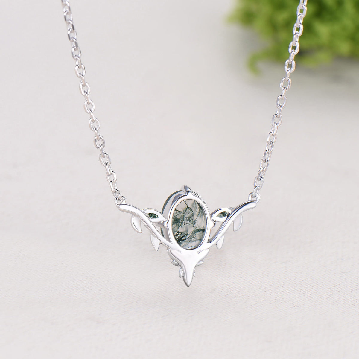 Moss Agate Leaf Vine Pendant Necklace, Nature Inspired