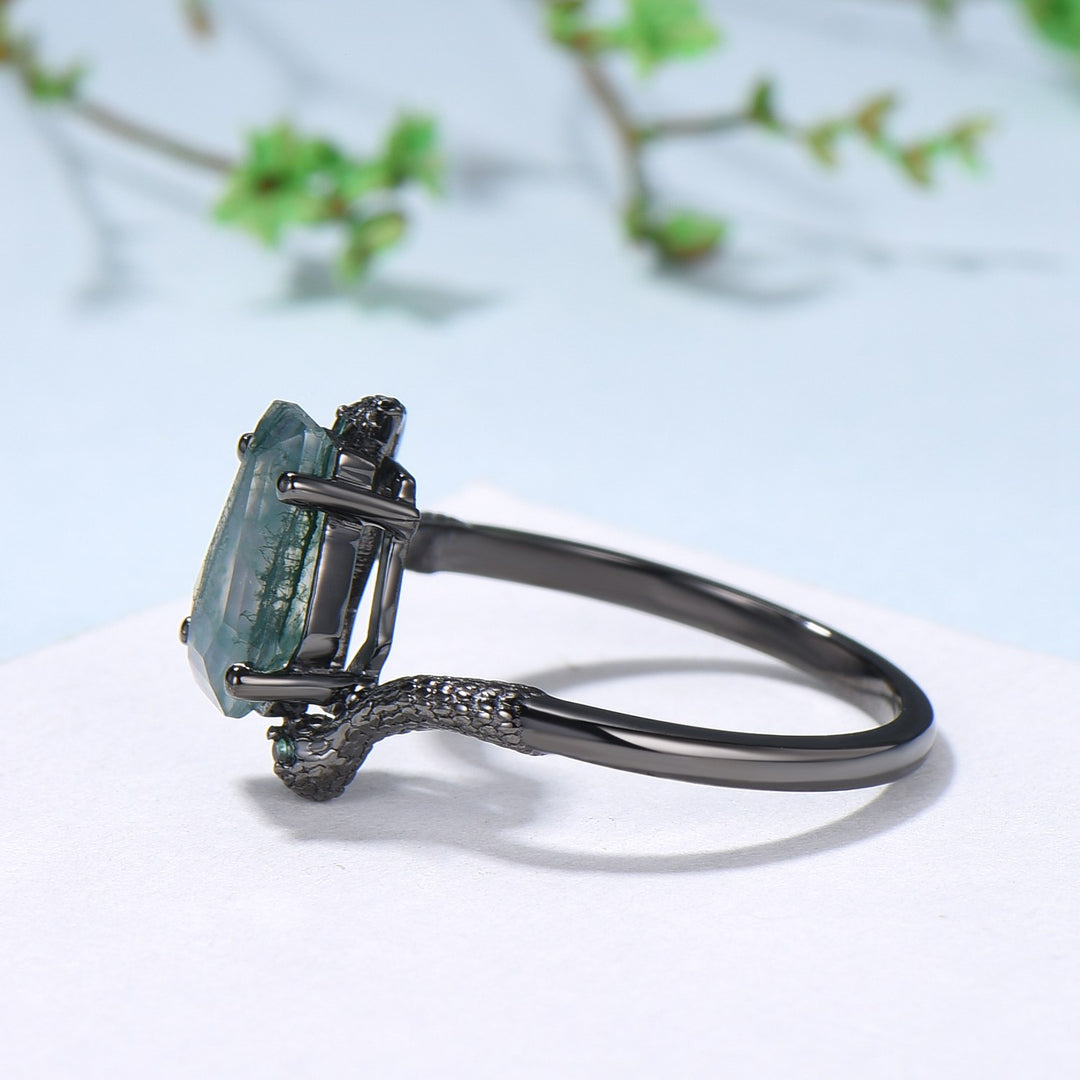 Unique Snake green moss agate engagement ring cold-blooded coffin shaped green stone three stone wedding ring women anniversary promise gift - PENFINE
