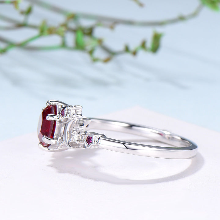 Galaxy Star ruby engagement ring crescent moon hexagon cut Lab ruby wedding ring Unique cluster star moon engagement ring anniversary gift - PENFINE