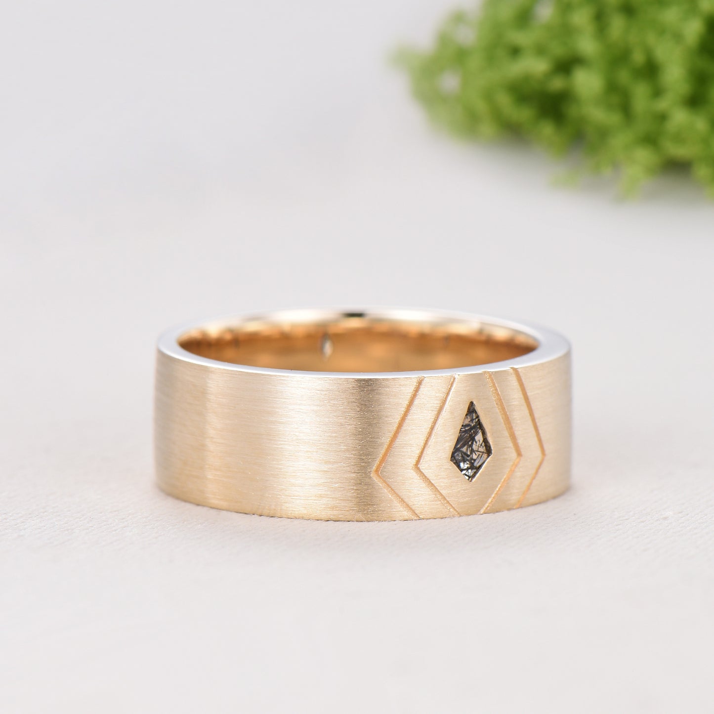 6mm Men's Ring Kite Cut Black Rutilated Quartz Brushed Finished Band Solitaire Wedding Ring Anniversary Band Gift For Men