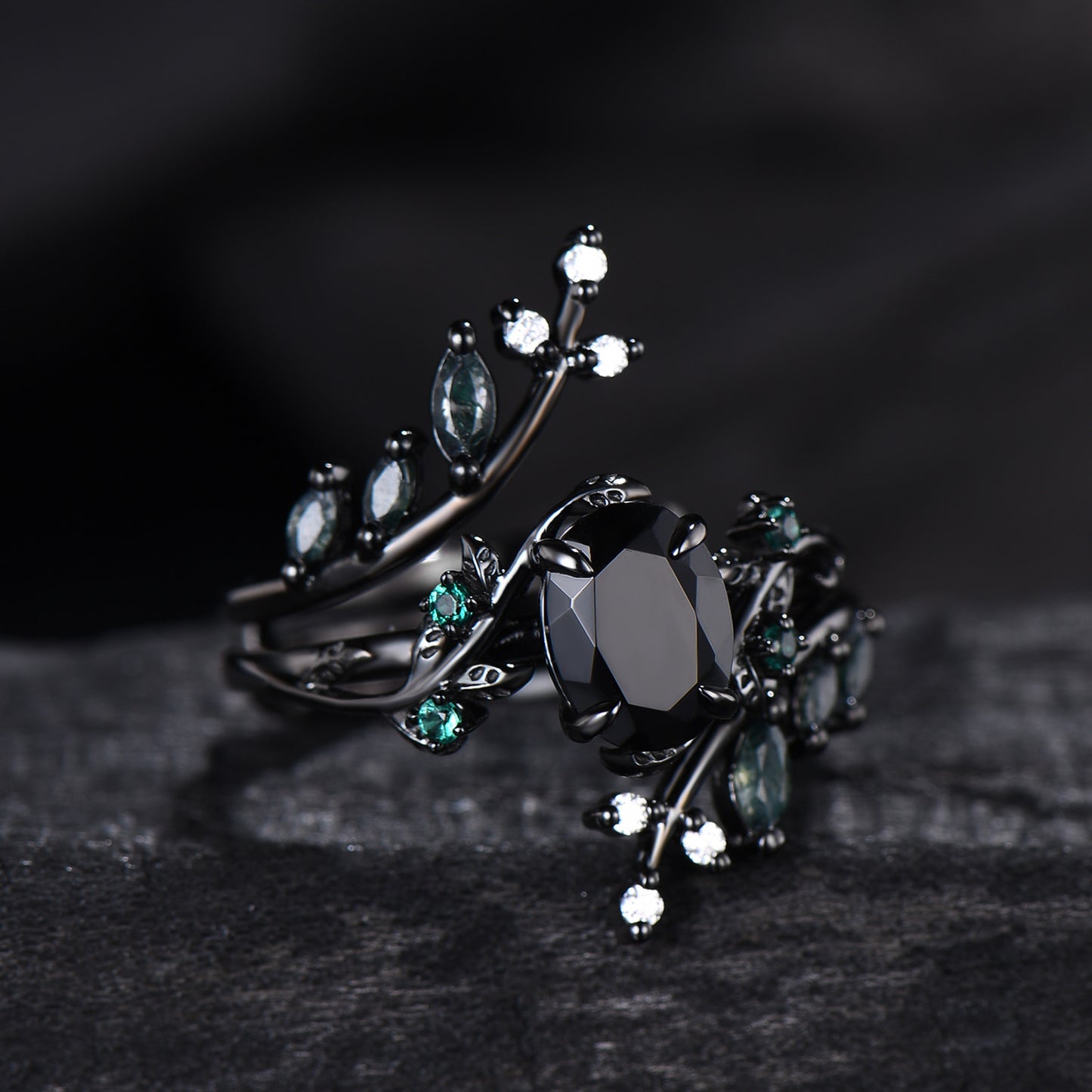 Unique gothic black gold onyx engagement ring set leaf nature inspired emerald wedding ring set twig vine marquise moss agate bridal set
