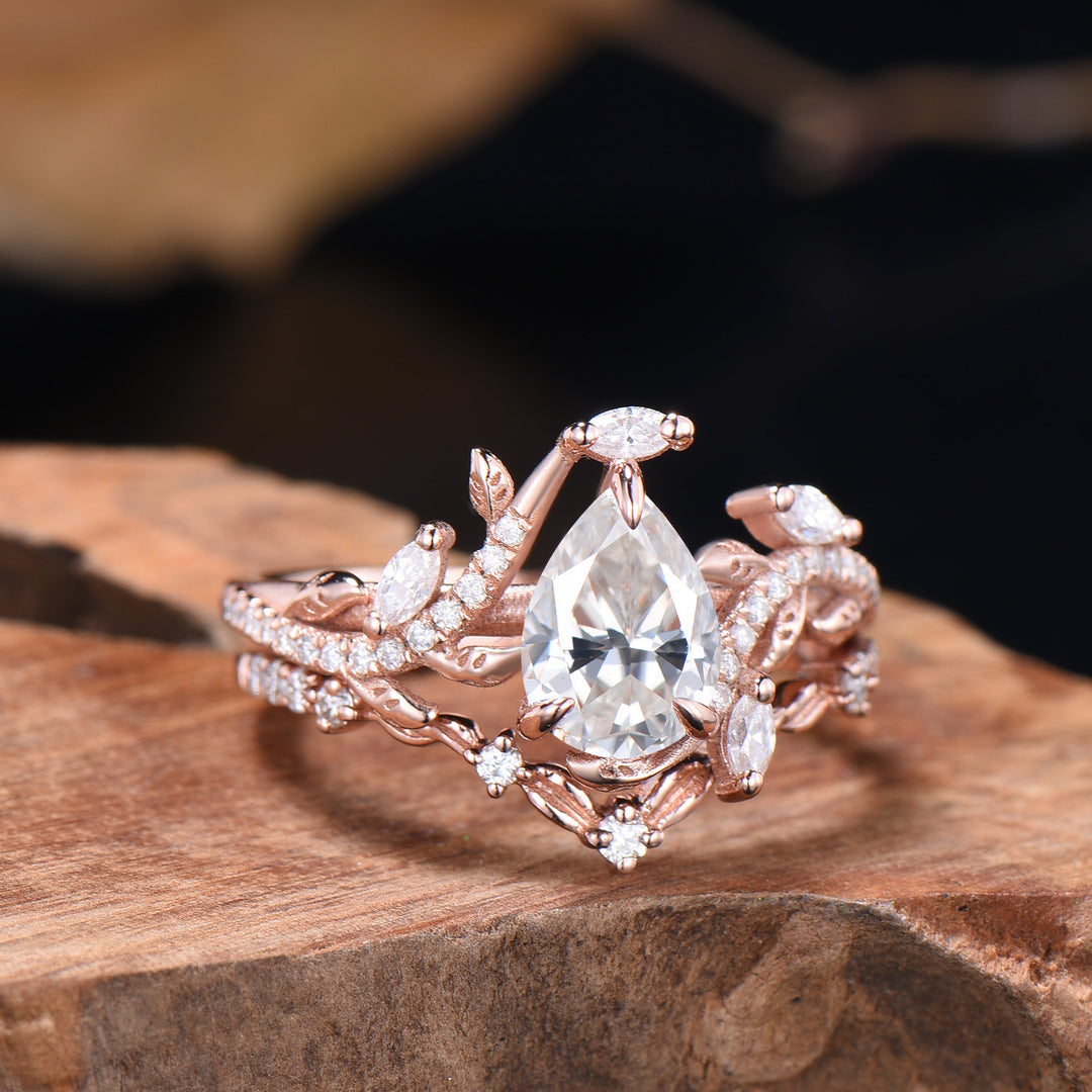Nature Inspired Moissanite Bridal Set Teardrop Cut Moissanite Snake Engagement Ring Diamond Leaf Wedding Band Anniversary Gifts For Women - PENFINE
