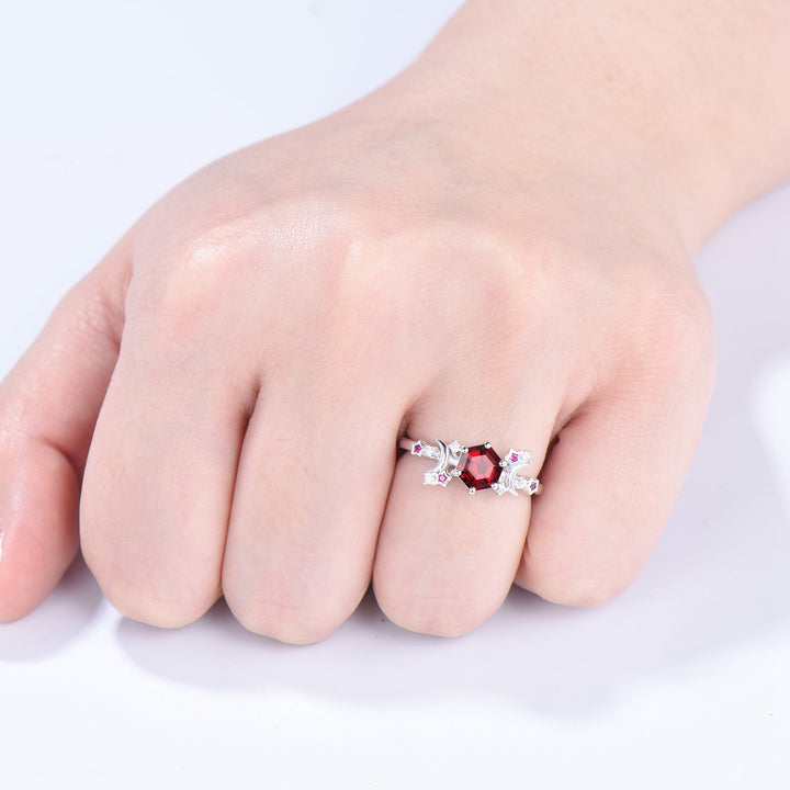 Galaxy Star ruby engagement ring crescent moon hexagon cut Lab ruby wedding ring Unique cluster star moon engagement ring anniversary gift - PENFINE
