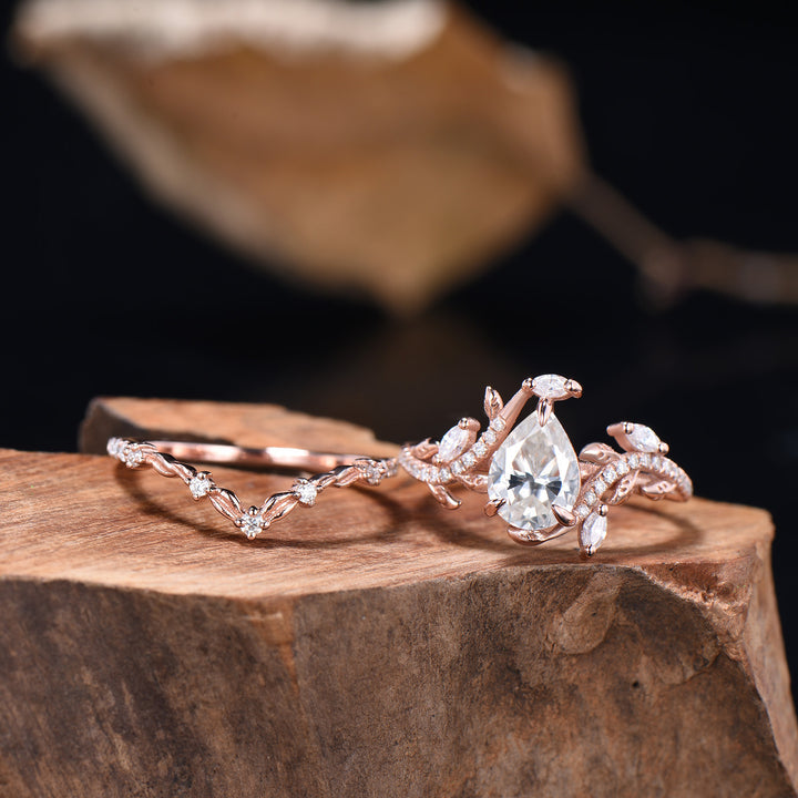 Nature Inspired Moissanite Bridal Set Teardrop Cut Moissanite Snake Engagement Ring Diamond Leaf Wedding Band Anniversary Gifts For Women - PENFINE