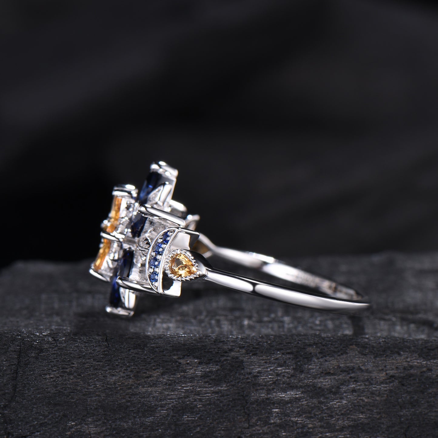 Celestial Sun and Moon Engagement Ring | Sapphire & Citrine Floral Mandala - PENFINE