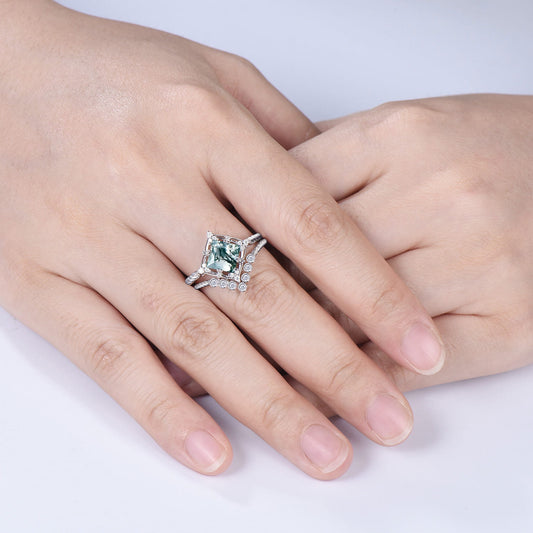 Princess Cut Natural Moss Agate Bridal Ring Set Diamond Twisted Engagement Ring