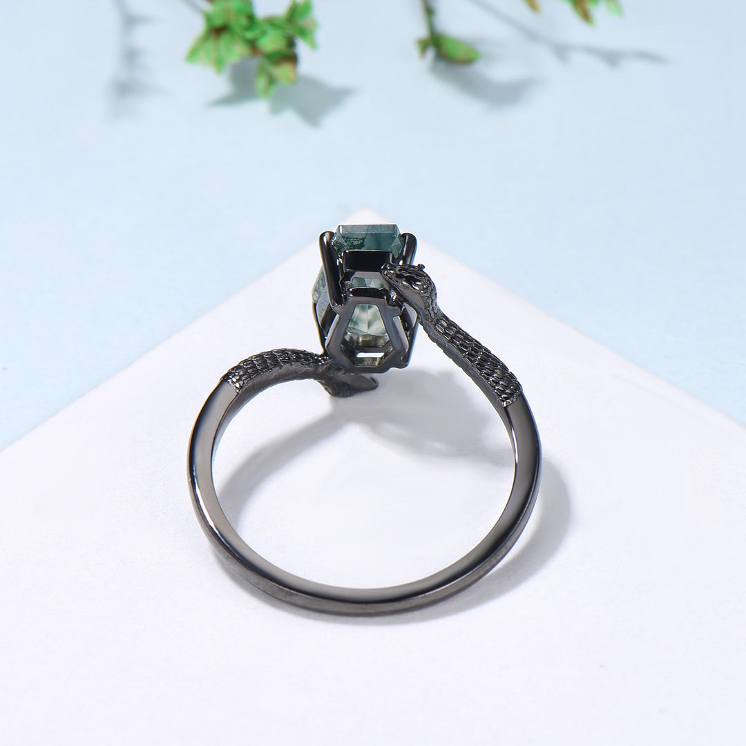 Unique Snake green moss agate engagement ring cold-blooded coffin shaped green stone three stone wedding ring women anniversary promise gift - PENFINE