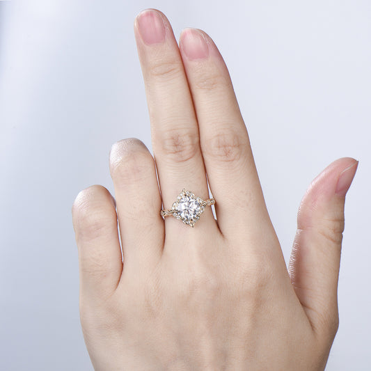 Art Deco Cushion Cut Moissanite Engagement Ring, 14K Yellow Gold Milgrain Marqusie Diamond Band - PENFINE