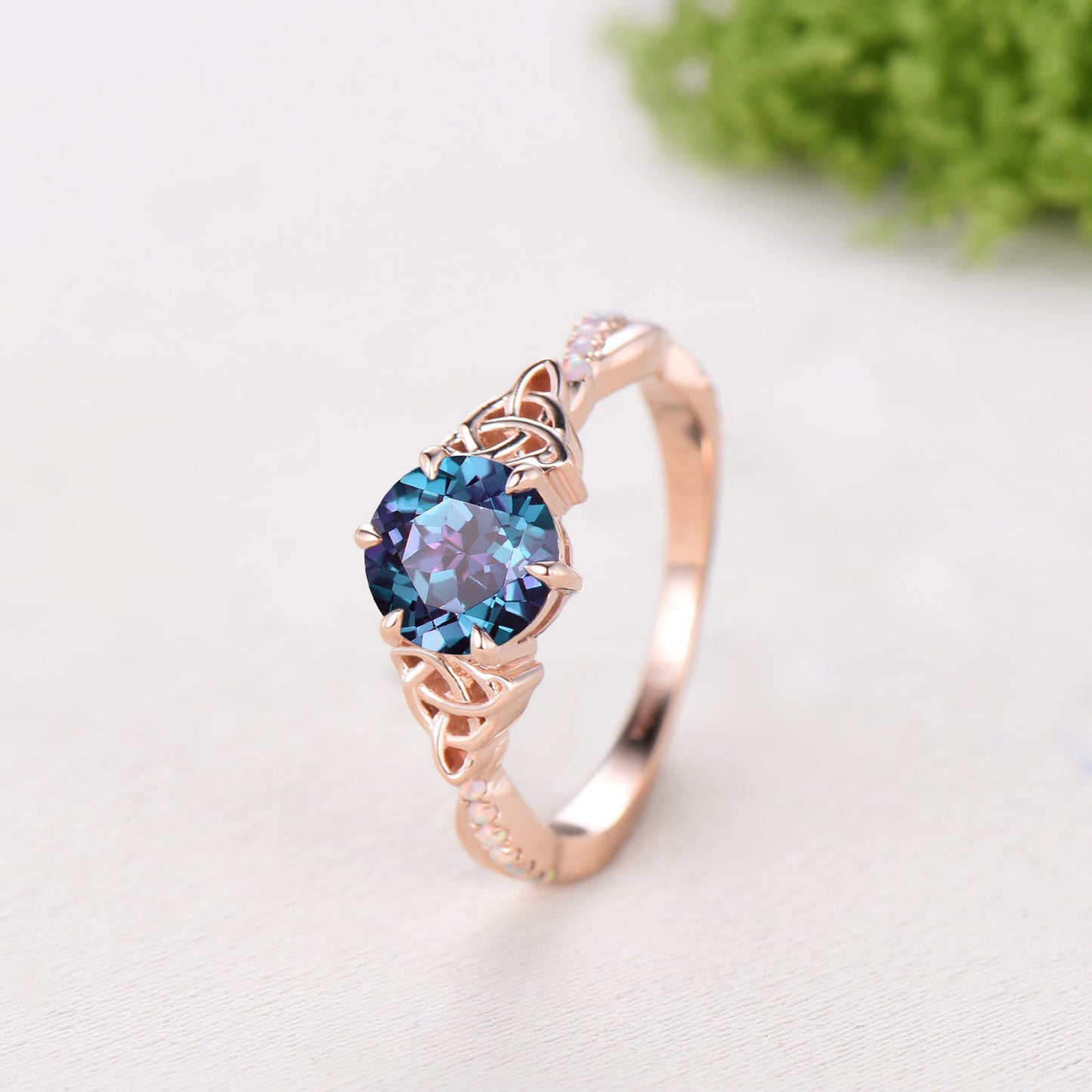 Celtic Knot Round Cut Alexandrite Engagement Ring Unique Norse Viking Fire Opal infinity Wedding Ring Spilt Shank Anniversary Promise Gifts