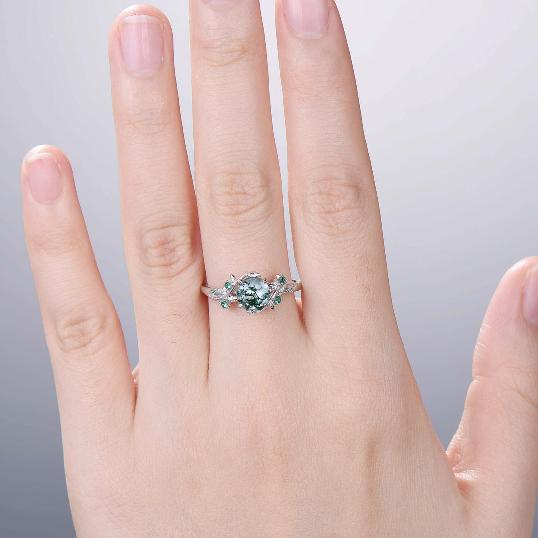 Retro Round Moss Agate Engagement Ring Rose Gold Nature Inspired Twig Green Agate Leaf  Wedding Ring Cluster Emerald Branch Anniversary Gift - PENFINE