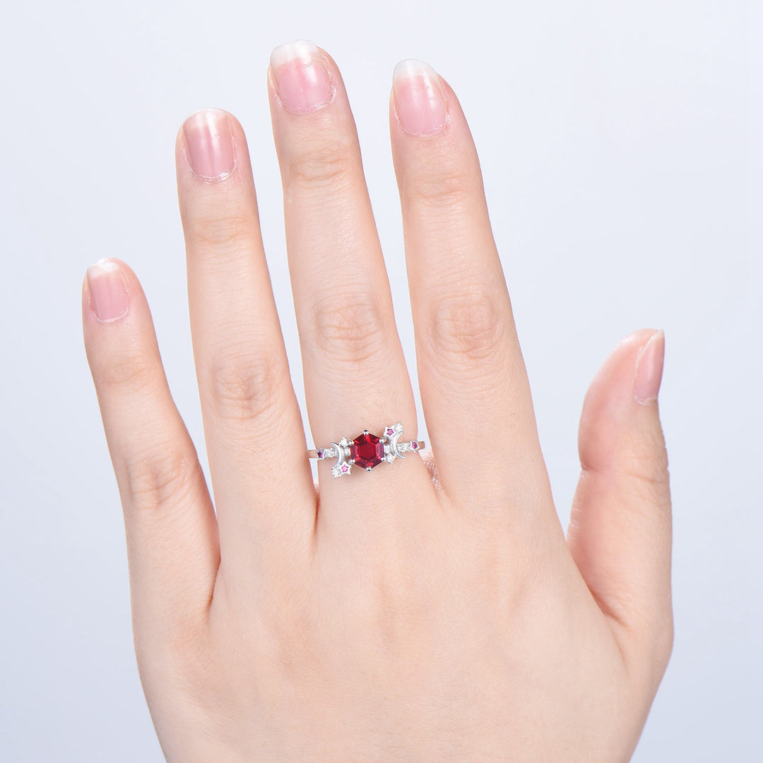 Galaxy Star ruby engagement ring crescent moon hexagon cut Lab ruby wedding ring Unique cluster star moon engagement ring anniversary gift - PENFINE