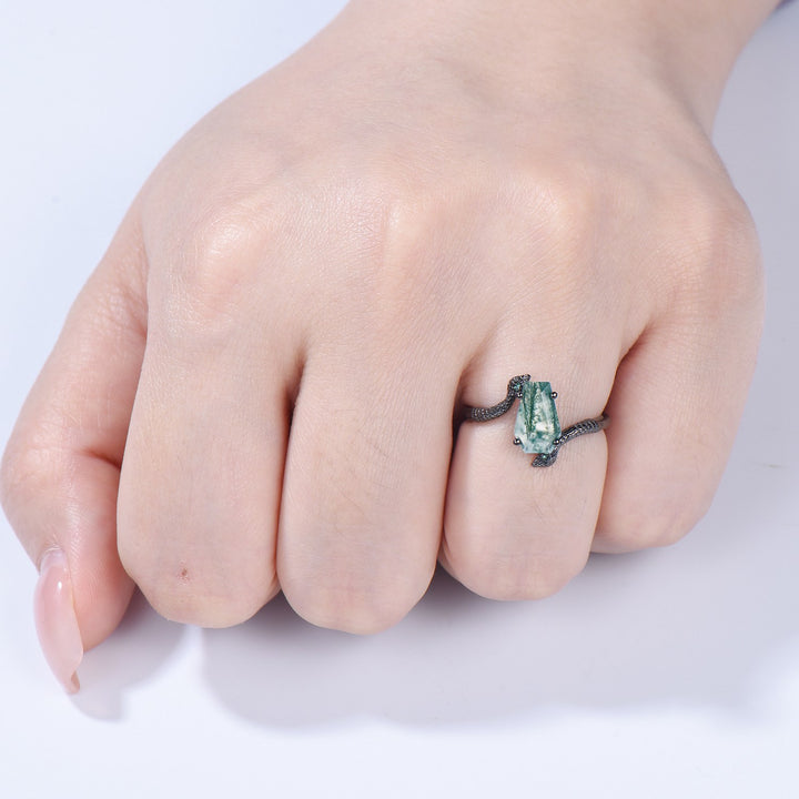 Unique Snake green moss agate engagement ring cold-blooded coffin shaped green stone three stone wedding ring women anniversary promise gift - PENFINE