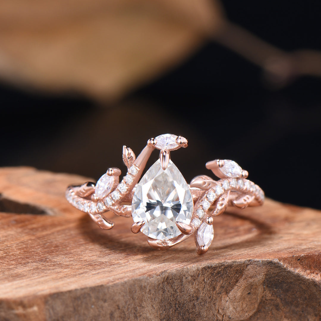 Nature Inspired Moissanite Bridal Set Teardrop Cut Moissanite Snake Engagement Ring Diamond Leaf Wedding Band Anniversary Gifts For Women - PENFINE