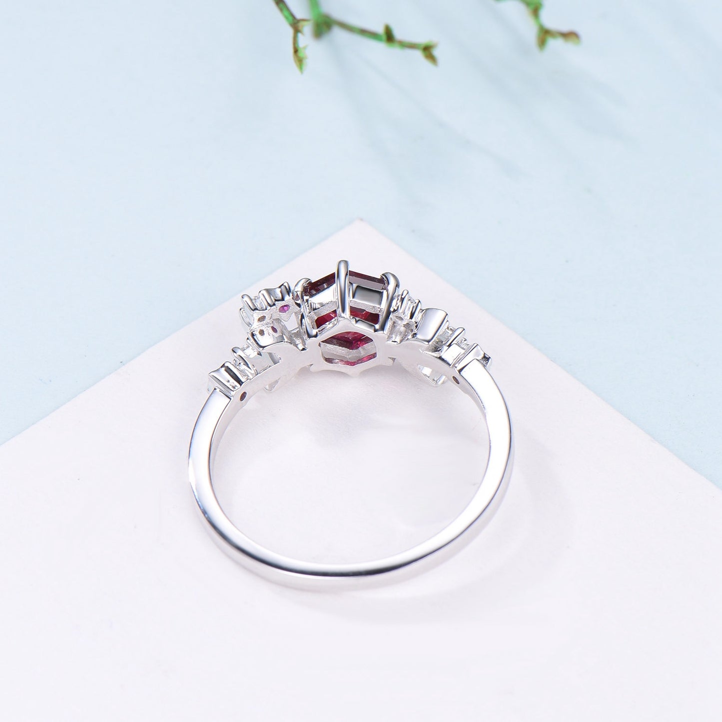 Galaxy Star ruby engagement ring crescent moon hexagon cut Lab ruby wedding ring Unique cluster star moon engagement ring anniversary gift - PENFINE