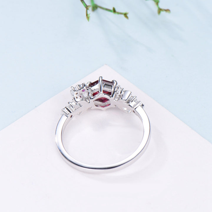 Galaxy Star ruby engagement ring crescent moon hexagon cut Lab ruby wedding ring Unique cluster star moon engagement ring anniversary gift - PENFINE