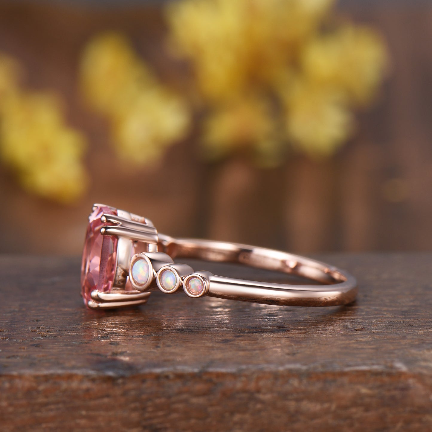 Oval Padparadscha Sapphire Ring with White Opal Band ¨C Engagement Bridal Ring